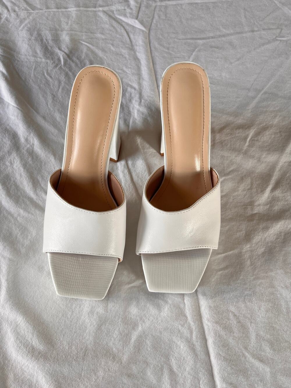 White Square Toe Block Heel Mules Slip On Open Toe Slide Sandals Size 39(US 8.5)
